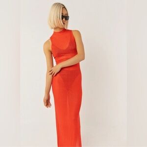 Peppermayo - Cool To Be Kind Mesh Dress in Tangerine Monogram in Red